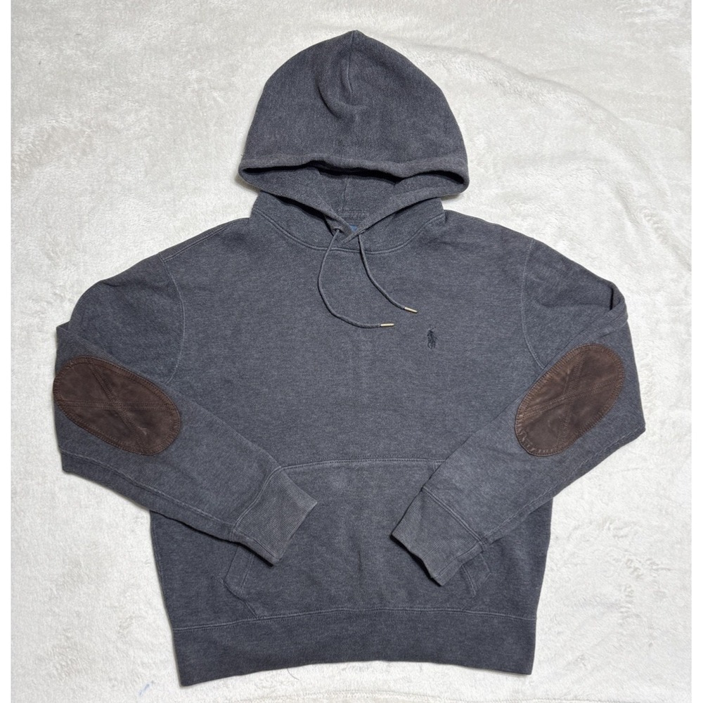 Polo Ralph Lauren Sweater Mens Small Gray Hoodie Elbow Patches Black Logo Pony